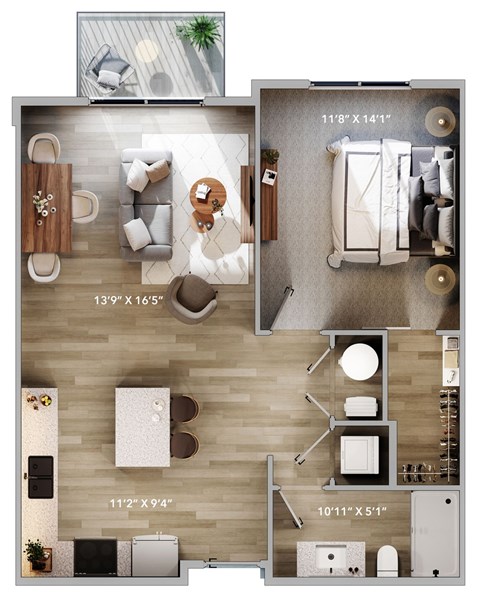 Floor plan for 1 bed, 1 bath, 760 sqft